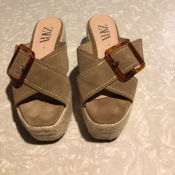 Zara wedge heel espadrilles clogs.brown buckle 36.